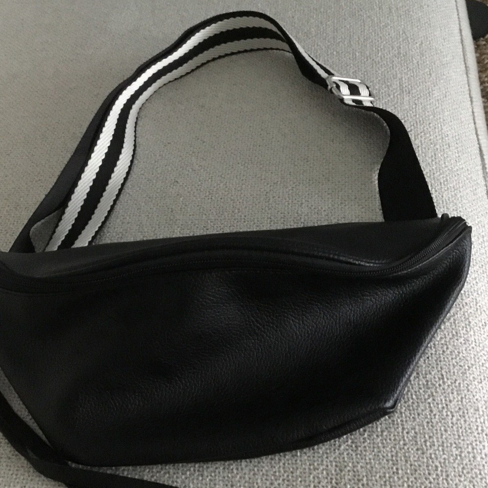 Black Leather Crossbody Belt Bag with Striped Strap